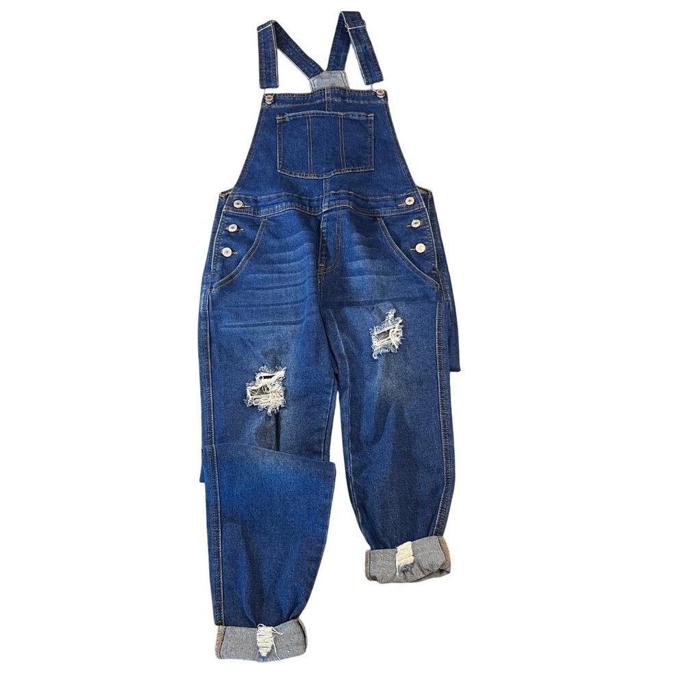 Womens Distressed Blue Denim Overalls With Adjustable Straps & Cuffed Ankles - S